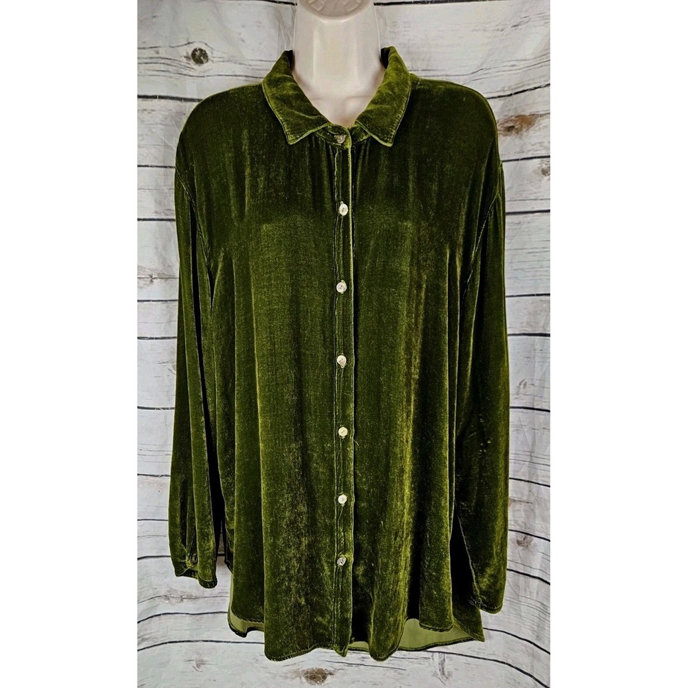 Cut Loose Green Velvet Button Up Tunic Top XL Rayon Silk Blend Boho Lagenlook